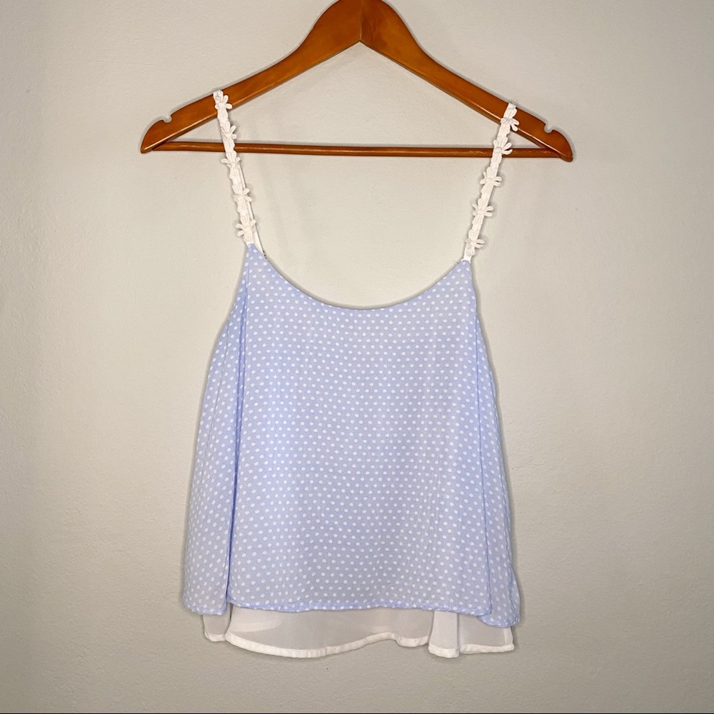 Double Layer White & Baby Blue Polka-Dot Flower Straps Top